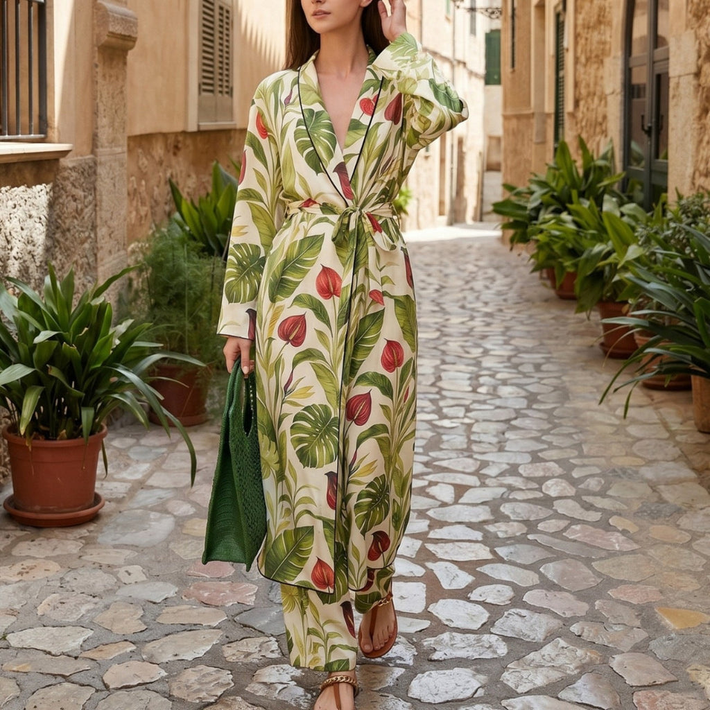 Manteau Kimono Long pour Femmes avec Ceinture à la Taille et Pantalon Palazzo Ample en Imprimé Tropical Echoarchiv
