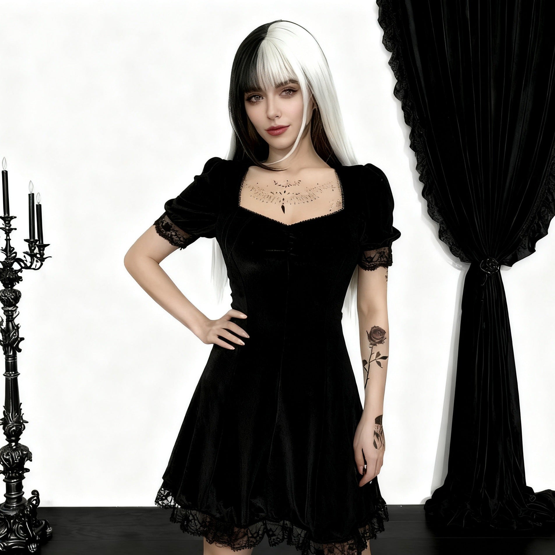 Robe Mini Femme Ludique avec Manches Bouffantes et Dentelle Délicate R&B