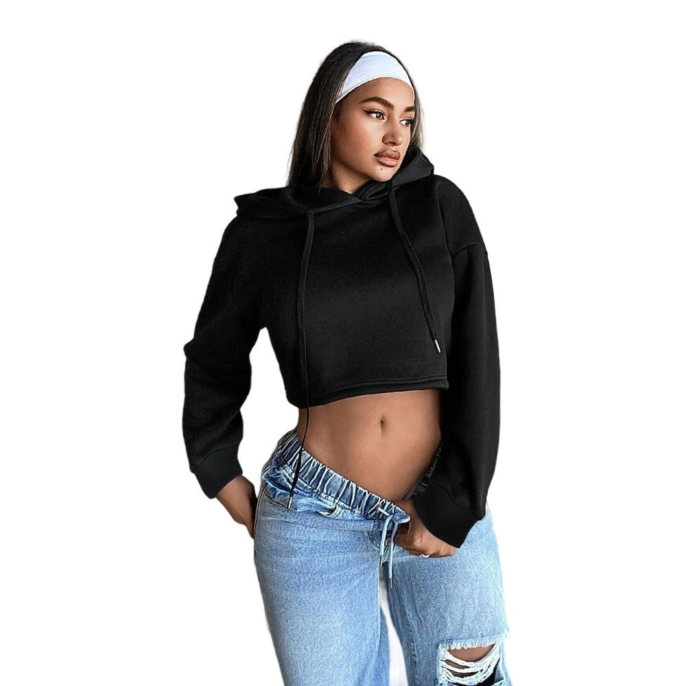 Sweat à capuche court pour femmes Cropped-Hoodie avec cordon de serrage, poignets côtelés et coupe oversize décontractée