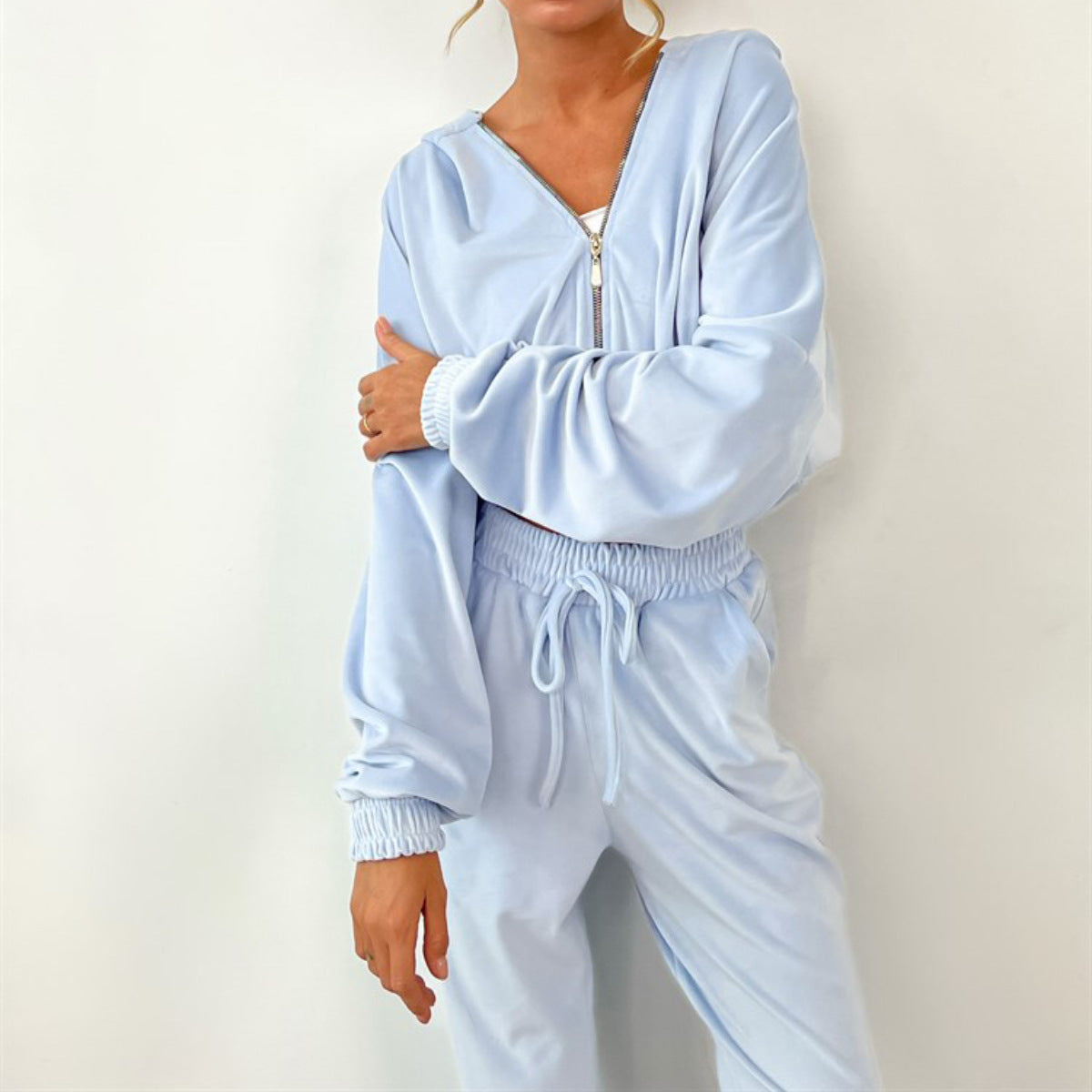 Hoodie en velours pour femmes avec zip demi-haut et pantalon de jogging taille haute avec cordon de serrage Echo Archive