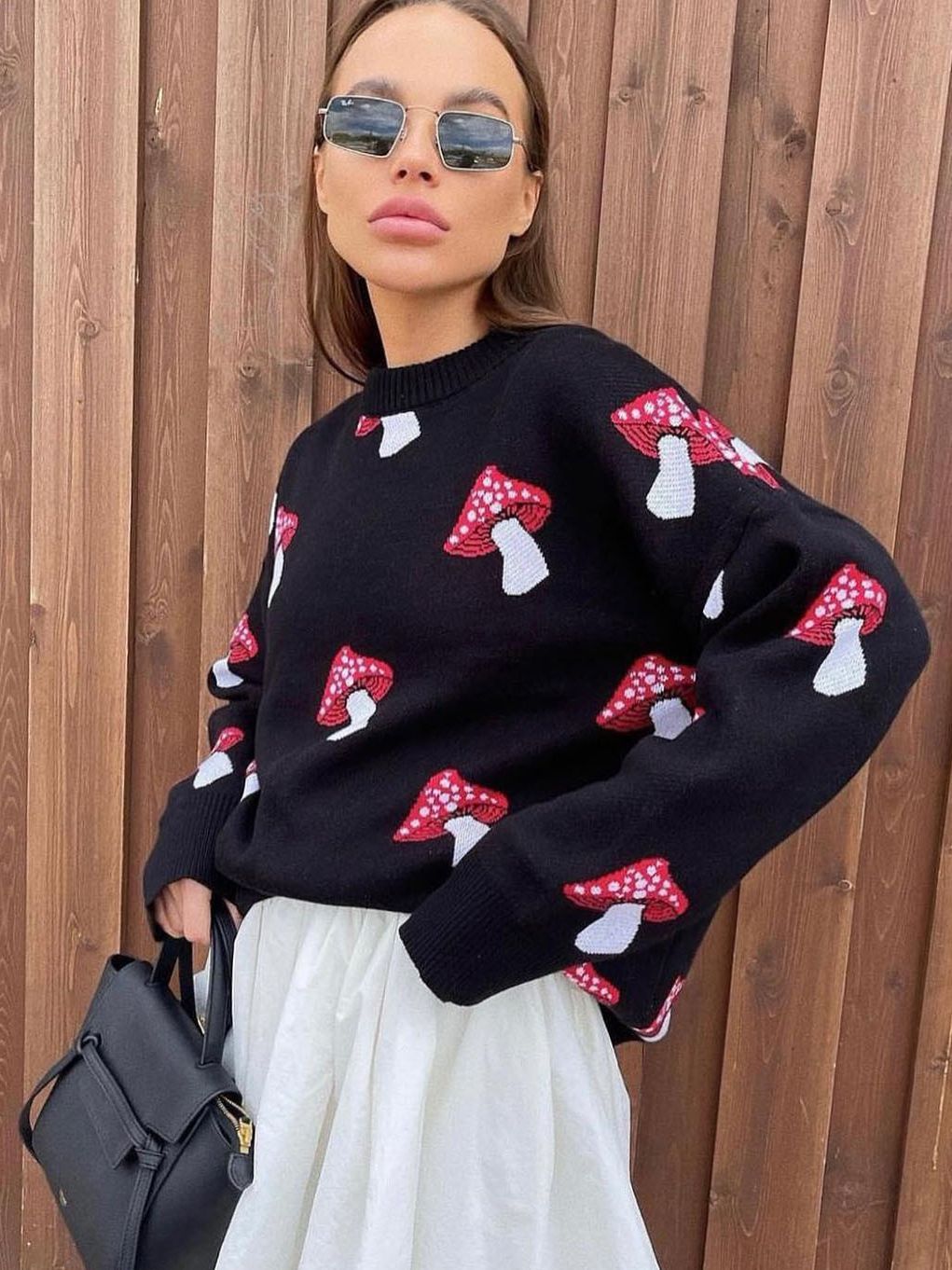 Pull en tricot pour femmes avec motif de champignon, encolure ronde, bords côtelés, Echo Archive