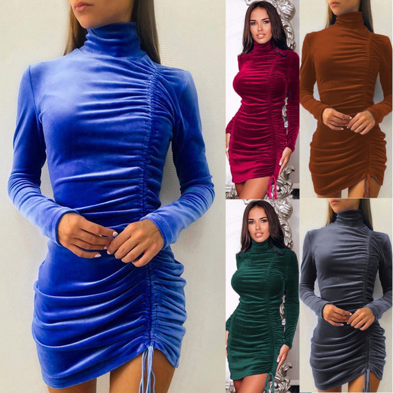 Robe Minijupe Bodycon Femme avec Col Montant et Drapé Latéral