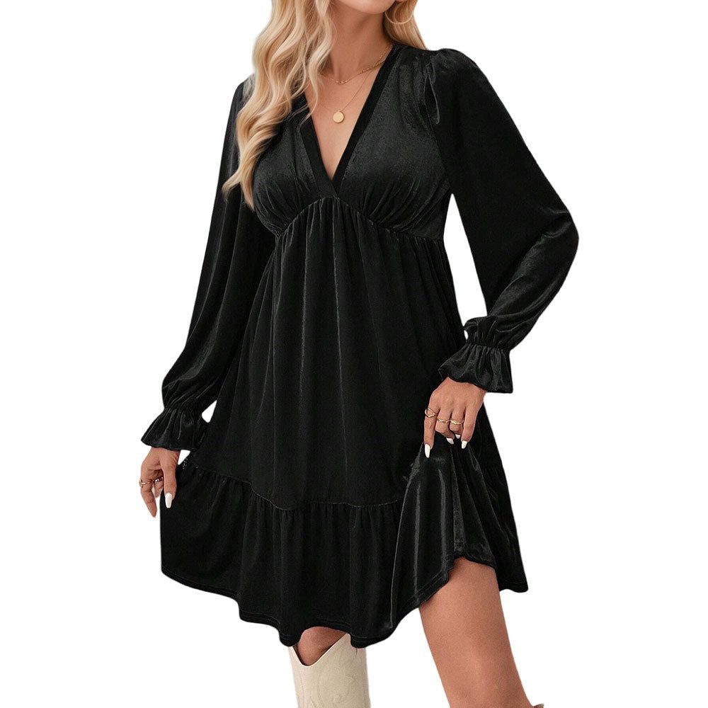Robe midi en velours pour femmes avec décolleté en V profond, bustier froncé, coupe empire et volants Echo Archiv