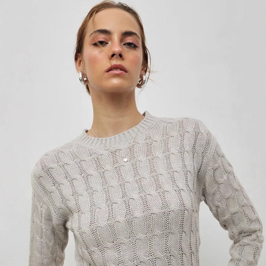 Pull en tricot torsadé pour femmes, coupe courte, col rond et bords côtelés