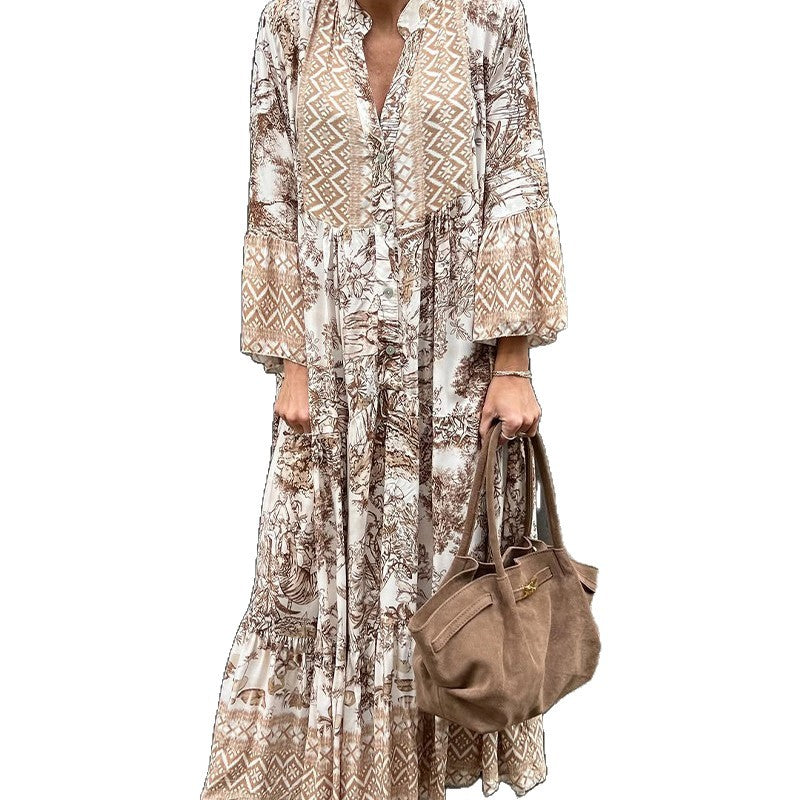 Robe maxi à volants pour femmes avec bordure ethnique, col montant et manches évasées R&B