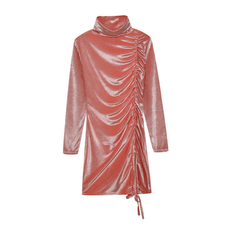 Robe Minijupe Bodycon Femme avec Col Montant et Drapé Latéral