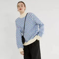 Pull en tricot oversize pour femmes avec motif en losanges et col montant Echoarchiv