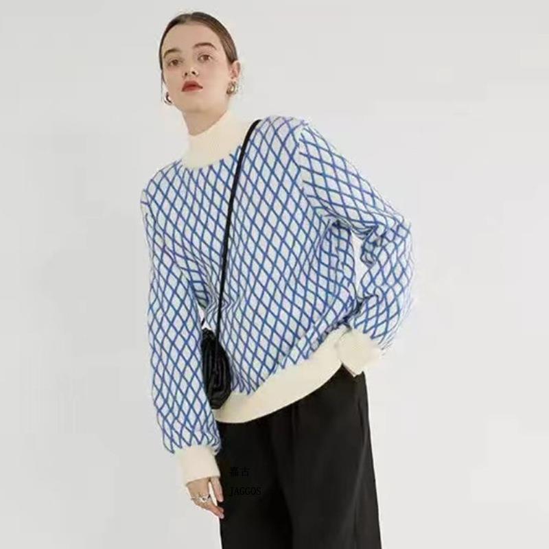 Pull en tricot oversize pour femmes avec motif en losanges et col montant Echoarchiv