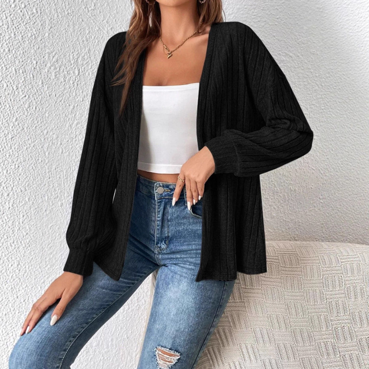 Cardigan long en maille côtelée pour femmes avec manches ballon et devant ouvert Echoarchiv