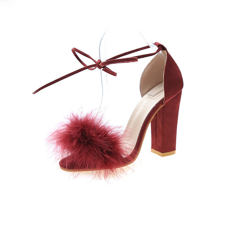 Sandales à talons hauts pour femmes avec pompon en peluche décoratif et lacets féminins R&B