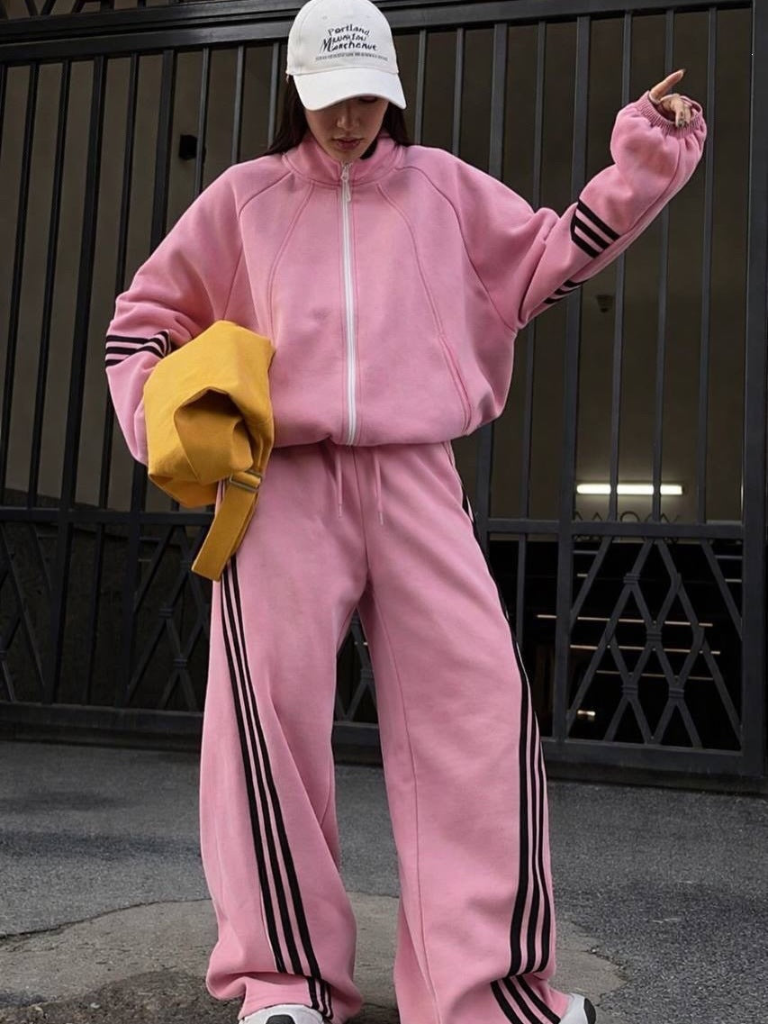 Ensemble de jogging ample pour femmes en polaire de coton avec fermeture éclair et bandes contrastées latérales Echoarchiv