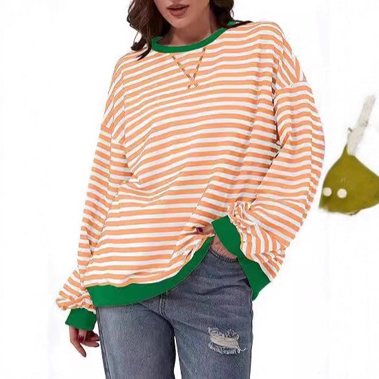 Sweat-shirt à rayures oversize décontracté pour femmes avec manches raglan et bords contrastés Echoarchiv