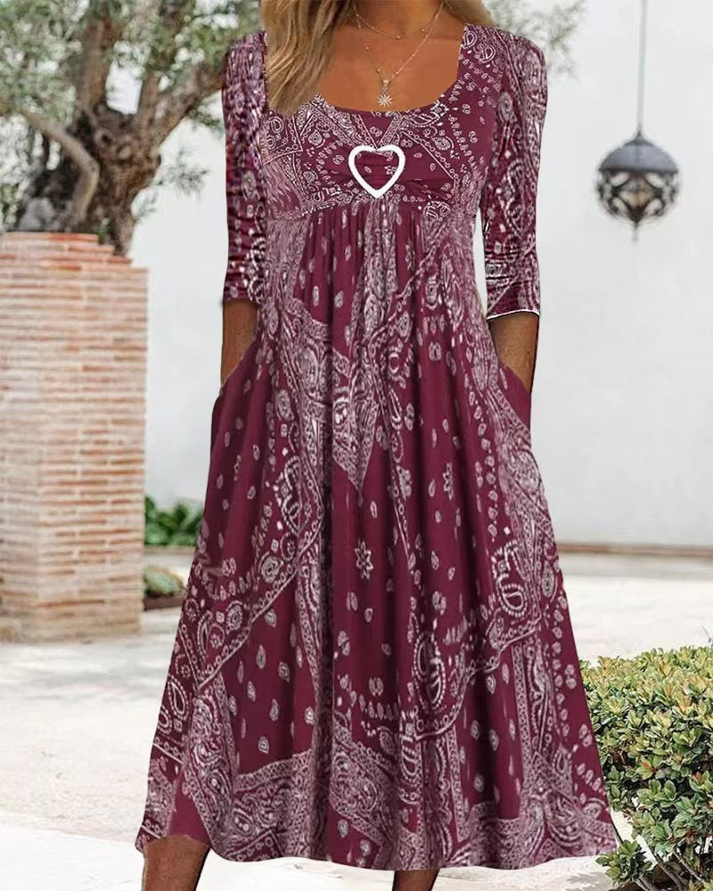 Robe maxi pour femmes avec motif bandana paisley, couture empire, zone sous-poitrine froncée et poches latérales R&B