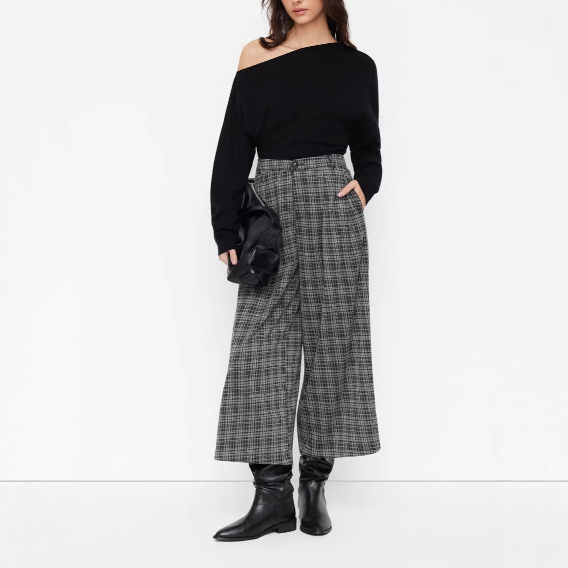 Pantalon large en culotte pour femmes avec motif à carreaux et taille haute