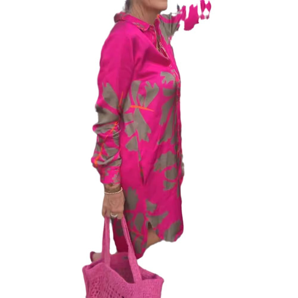 Robe chemise à manches longues pour femmes, tombé décontracté, avec boutonnière intégrale, col de chemise, manches avec poignets et grand imprimé botanique R&B