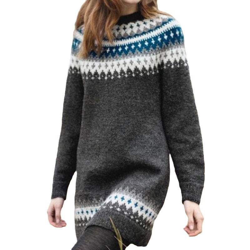 Robe Tricotée Femme avec Motif Nordique et Col Montant