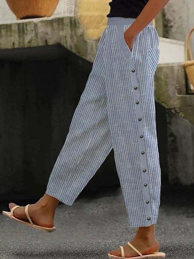 Pantalons culottes pour femmes avec taille élastique haute, fermeture à boutons sur le côté et poches Echoarchiv