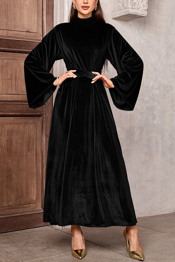 Robe maxi en velours pour femmes avec col montant, manches évasées et ceinture à la taille