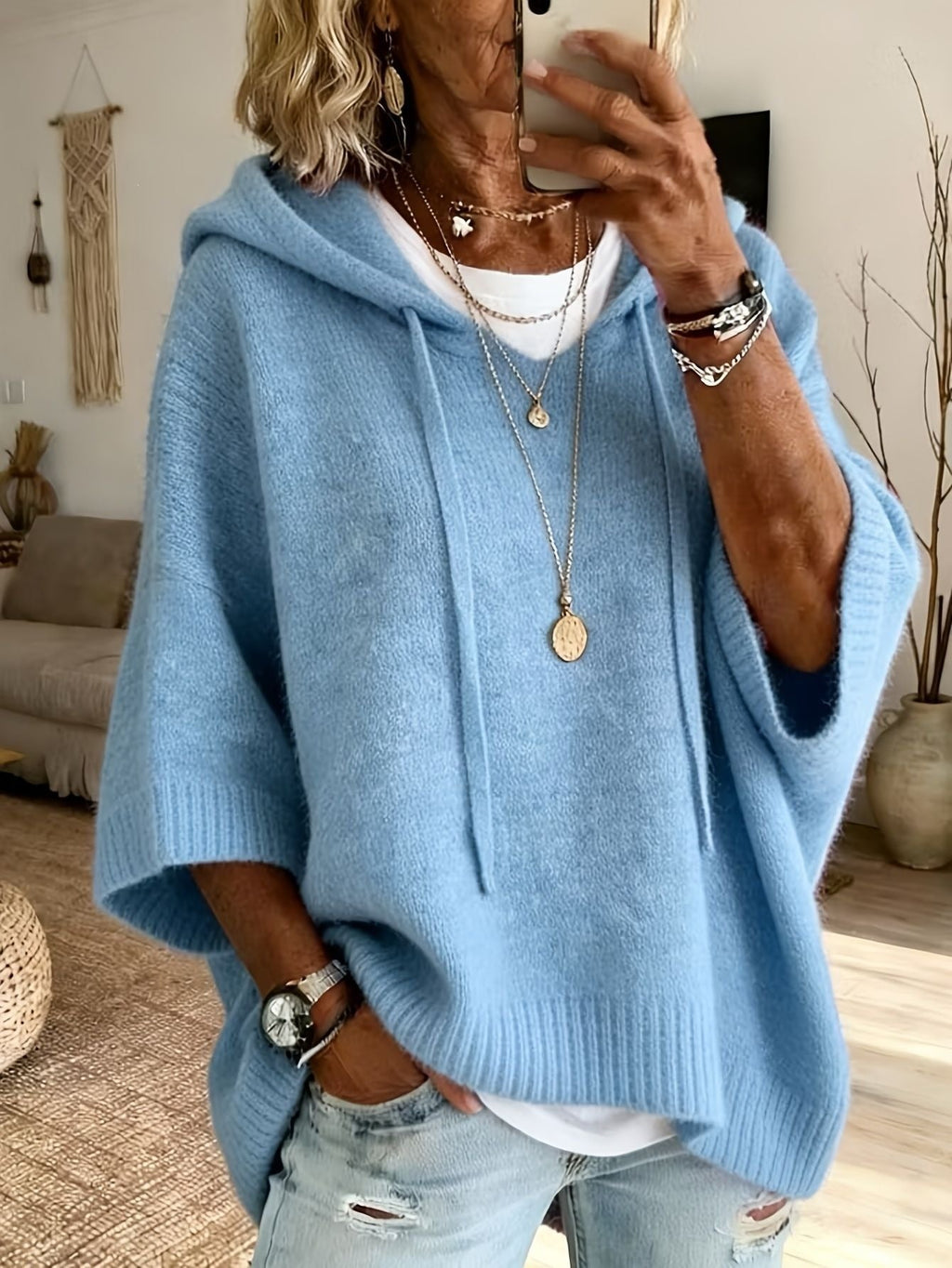 Poncho en tricot oversized avec capuche et manches courtes pour femmes Echo Archiv