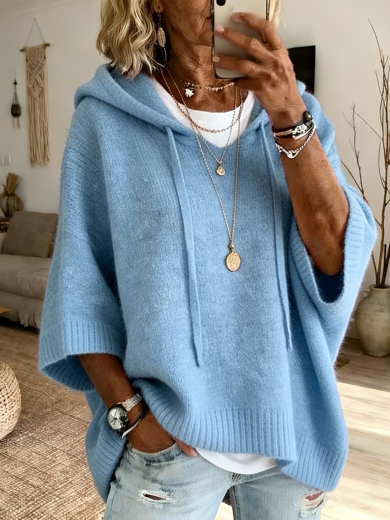 Poncho en tricot oversized avec capuche et manches courtes pour femmes Echo Archiv