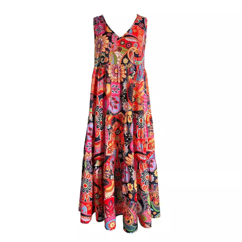 Robe maxi Boho à volants pour femmes avec décolleté en V et couture froncée sous la poitrine R&B