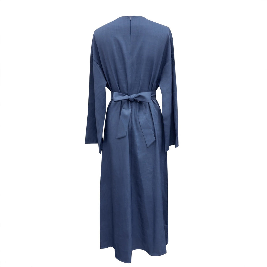 Robe maxi portefeuille pour femmes en effet lin avec manches kimono et taille cintrée Echoarchiv