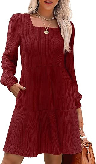 Robe Minikleid A‑Ligne Tricotée pour Femmes avec Décolleté Carré, Jupe à Volants et Poches Latérales