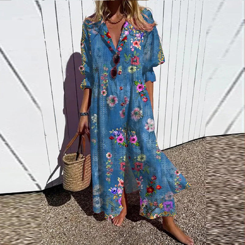 Robe Maxi Fluide pour Femmes avec Boutonnage Intégral, Décolleté en V et Imprimé Ethnique Echoarchiv