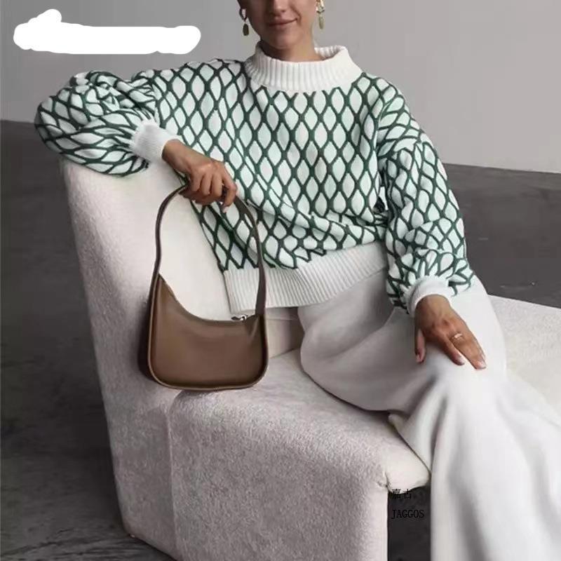 Pull en tricot oversize pour femmes avec motif en losanges et col montant Echoarchiv