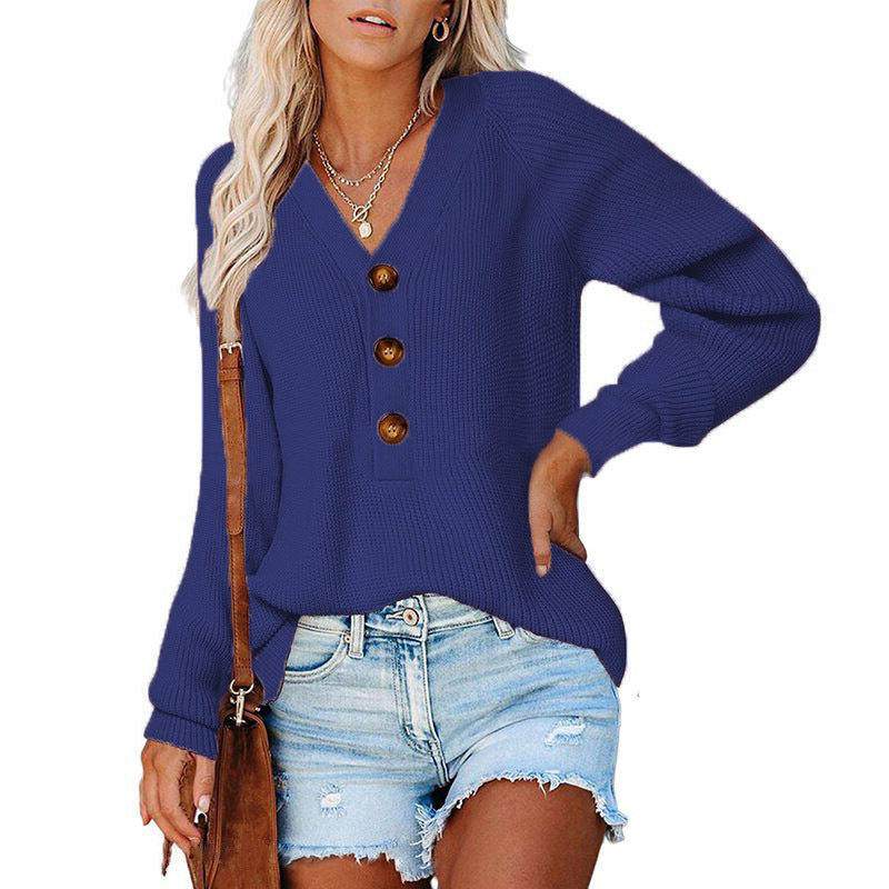 Pull en tricot côtelé pour femmes avec décolleté en V, patte de boutonnage décorative et manches ballon Echoarchiv