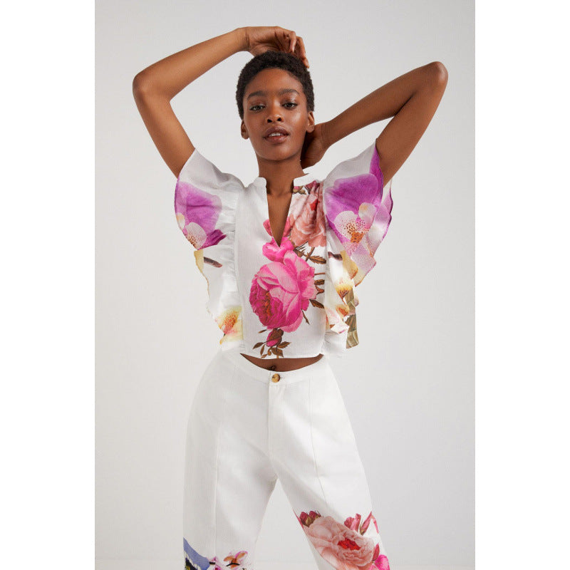 Ensemble de blouse et pantalon pour femmes avec design floral et détails délicats en volants de Heidi-Mode