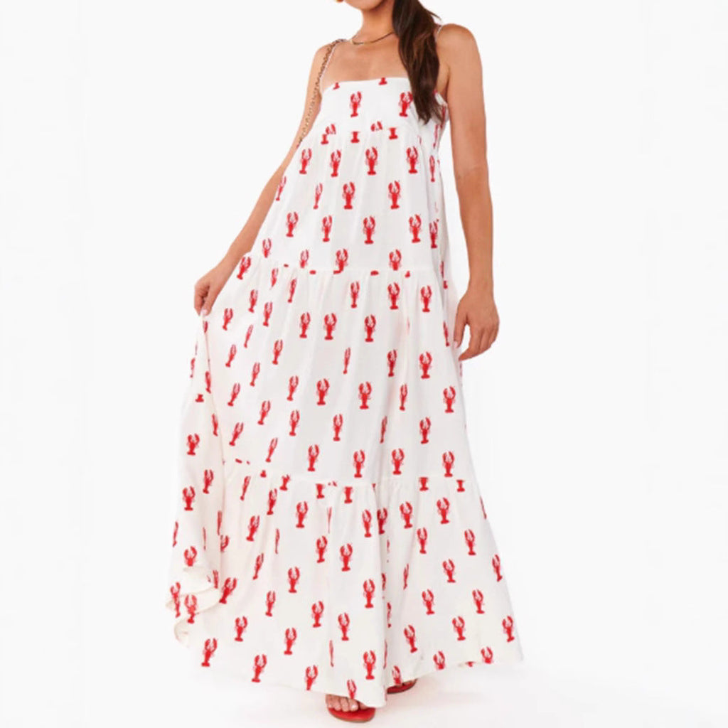 Robe maxi bandeau sans bretelles pour femme avec jupe à volants en cascade et motif homard maritime R&B