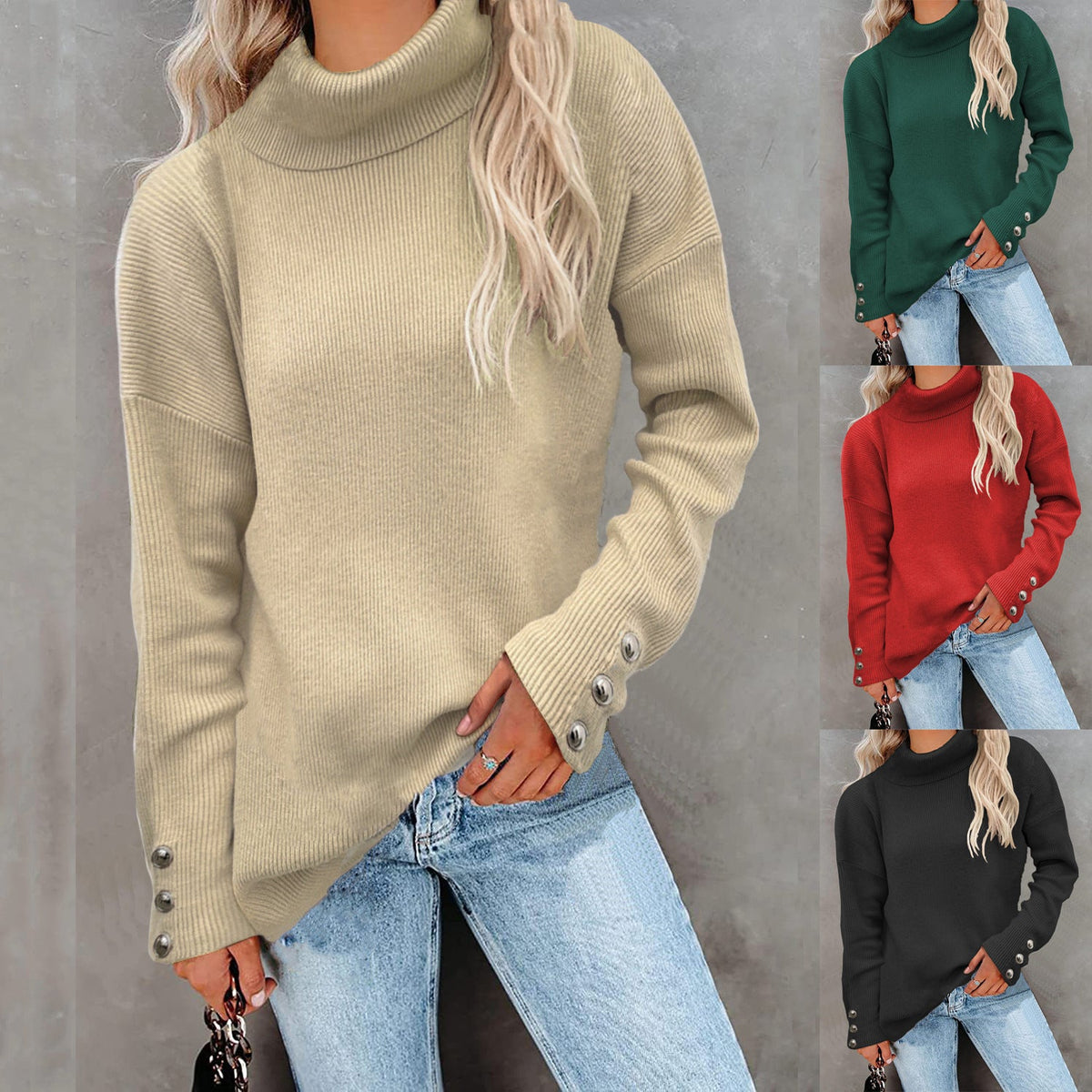 Pull à col roulé côtelé pour femmes avec coupe oversize et poignets à boutons décoratifs Echoarchiv