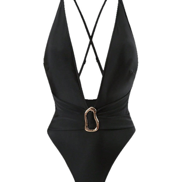 Maillot de bain une pièce pour femmes avec décolleté en V profond et élément décoratif élégant R&B
