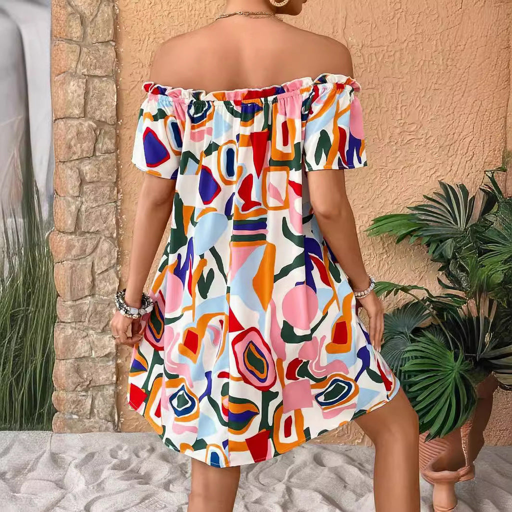Robe mini A-line sans manches avec col élastique froncé et manches volantées R&B