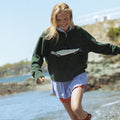 Pull-over en maille oversize pour femmes avec jacquard poisson, col montant et bords côtelés Echoarchiv