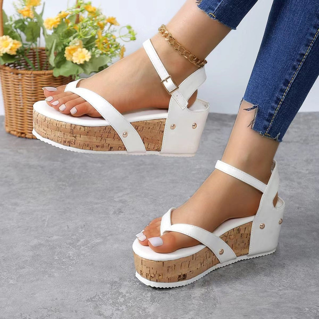 Pantoufles à talon compensé pour femmes avec semelle en liège décorative et design de bride élégant R&B