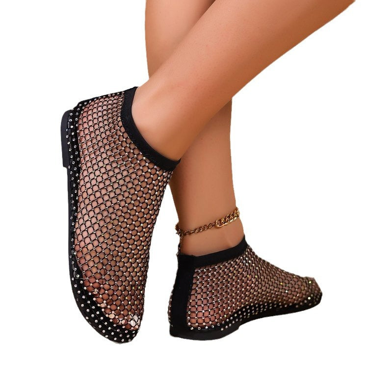 Sandales en filet pour femmes avec des applications scintillantes et une zone de cheville élastique R&B