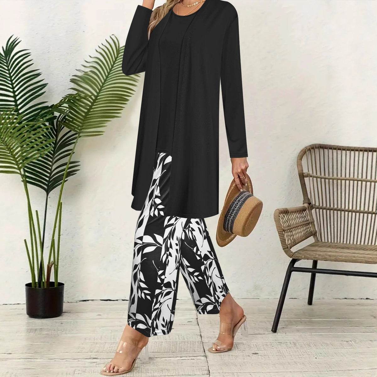 Cardigan long ouvert en maille fine pour femmes avec ourlet droit et pantalon palazzo à imprimé feuillage Set Echoarchiv