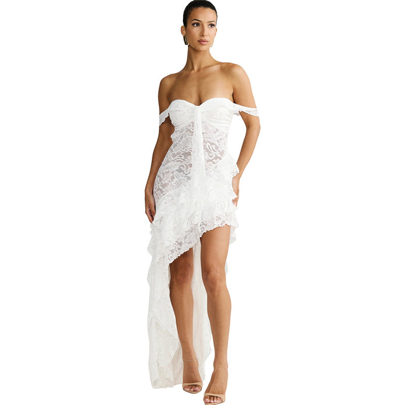Robe asymétrique en dentelle pour femmes avec détails en volants R&B