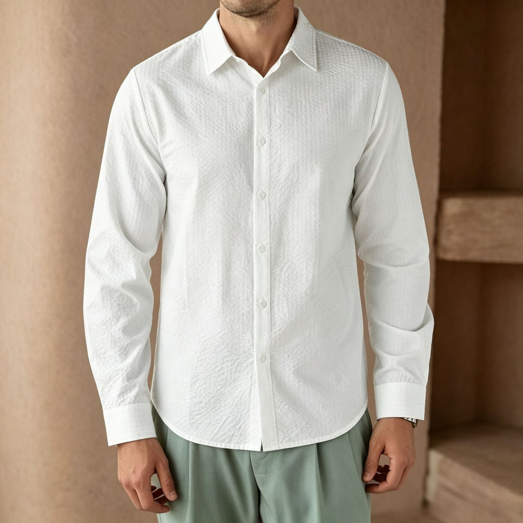 Chemise structurée en coton-lin pour hommes avec col Kent et ourlet arrondi Echoarchiv