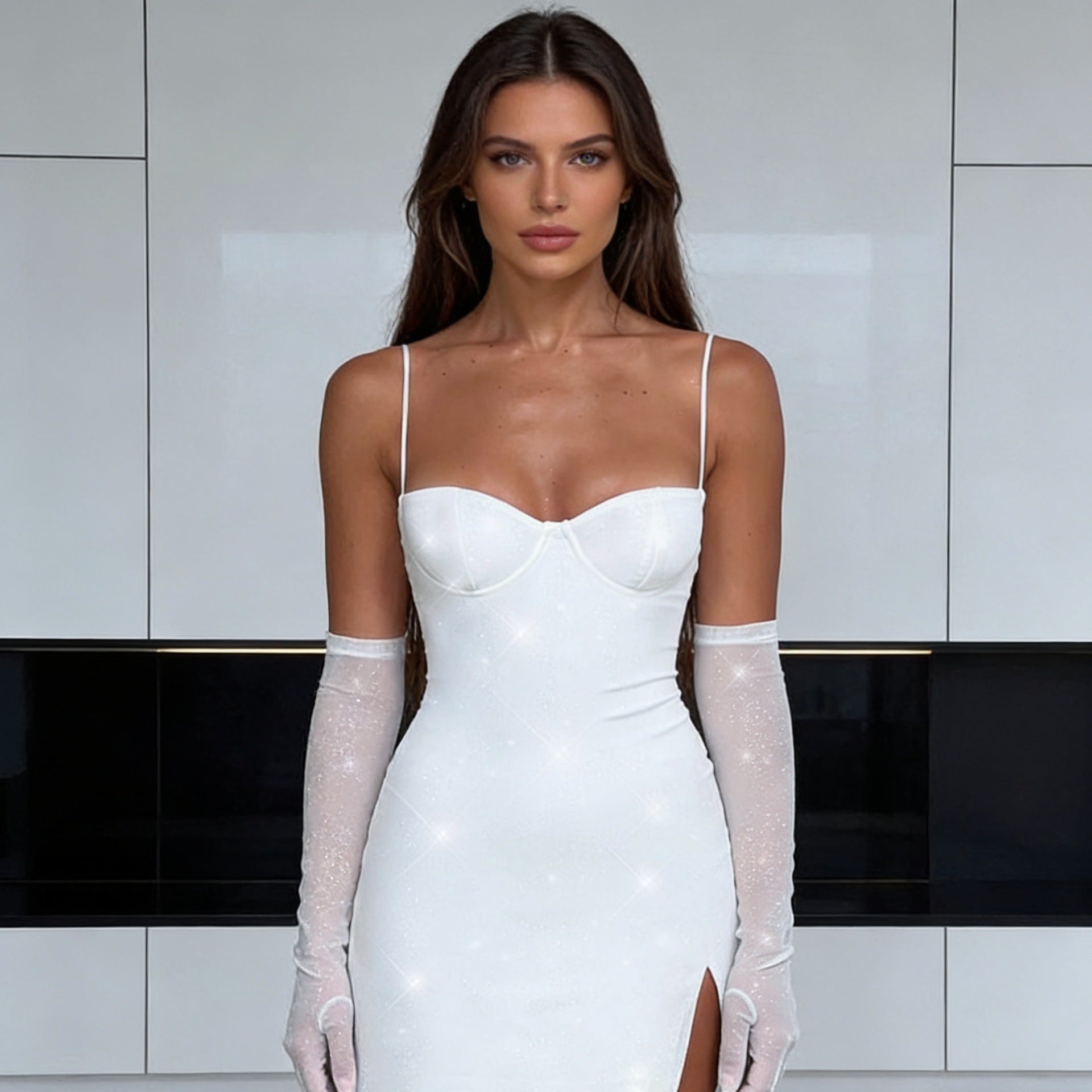 Robe Mini Femme Séduisante avec Paillettes et Bretelles R&B