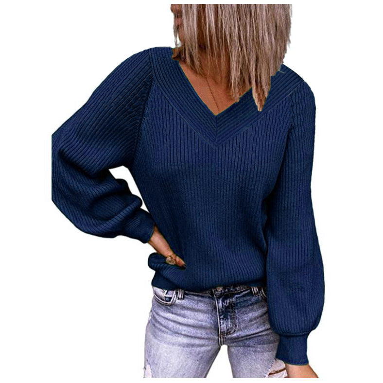Pull à col en V côtelé pour femmes avec manches ballon et coupe décontractée Echoarchiv