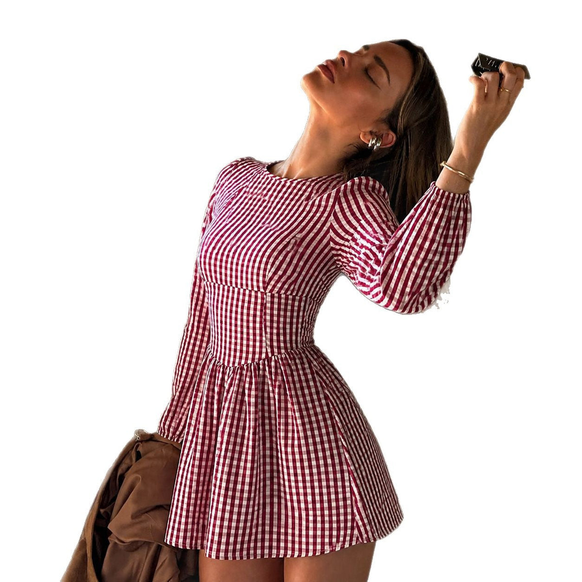 Robe mini ajustée à carreaux Vichy pour femmes avec manches longues, couture cintrée et jupe volumineuse Echo Archiv