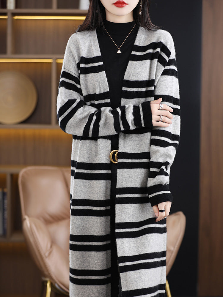 Cardigan long oversize pour femmes avec rayures