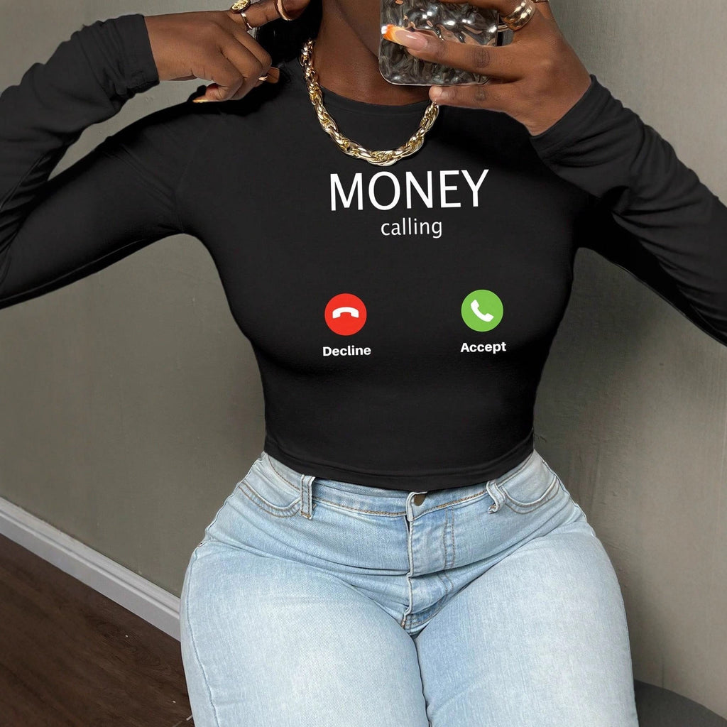 T-shirt cropped à manches longues pour femmes avec impression statement accrocheuse et design d'icône d'appel Echo Archiv