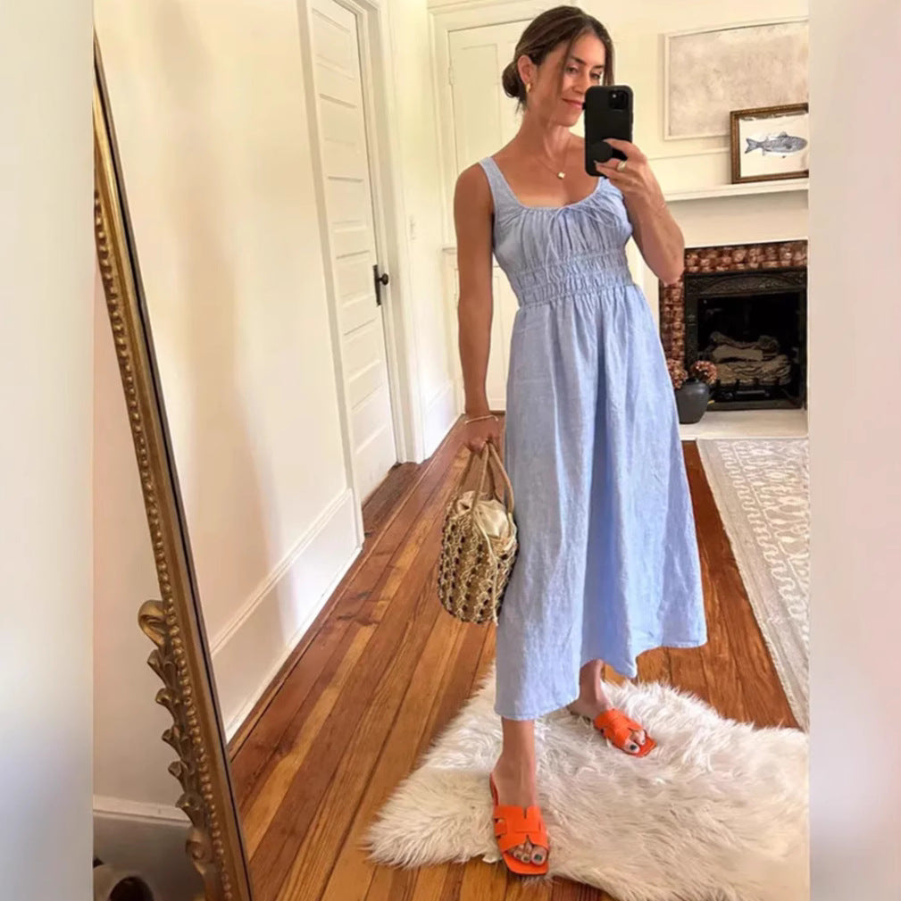 Robe midi en look lin avec bustier froncé, taille élastique et larges bretelles R&B