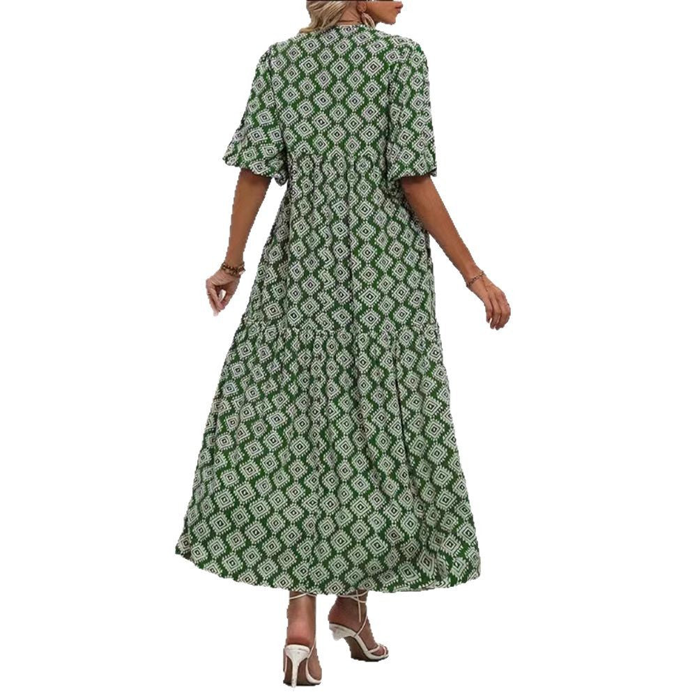 Robe maxi aérienne pour femmes avec imprimé ethnique géométrique, jupe à volants froncée et décolleté clé R&B