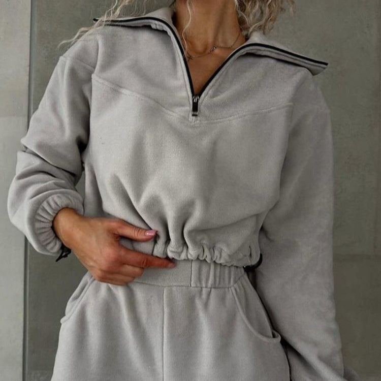 Sweat-shirt cropped en polaire pour femmes avec demi-zip et cordon de serrage Echoarchiv