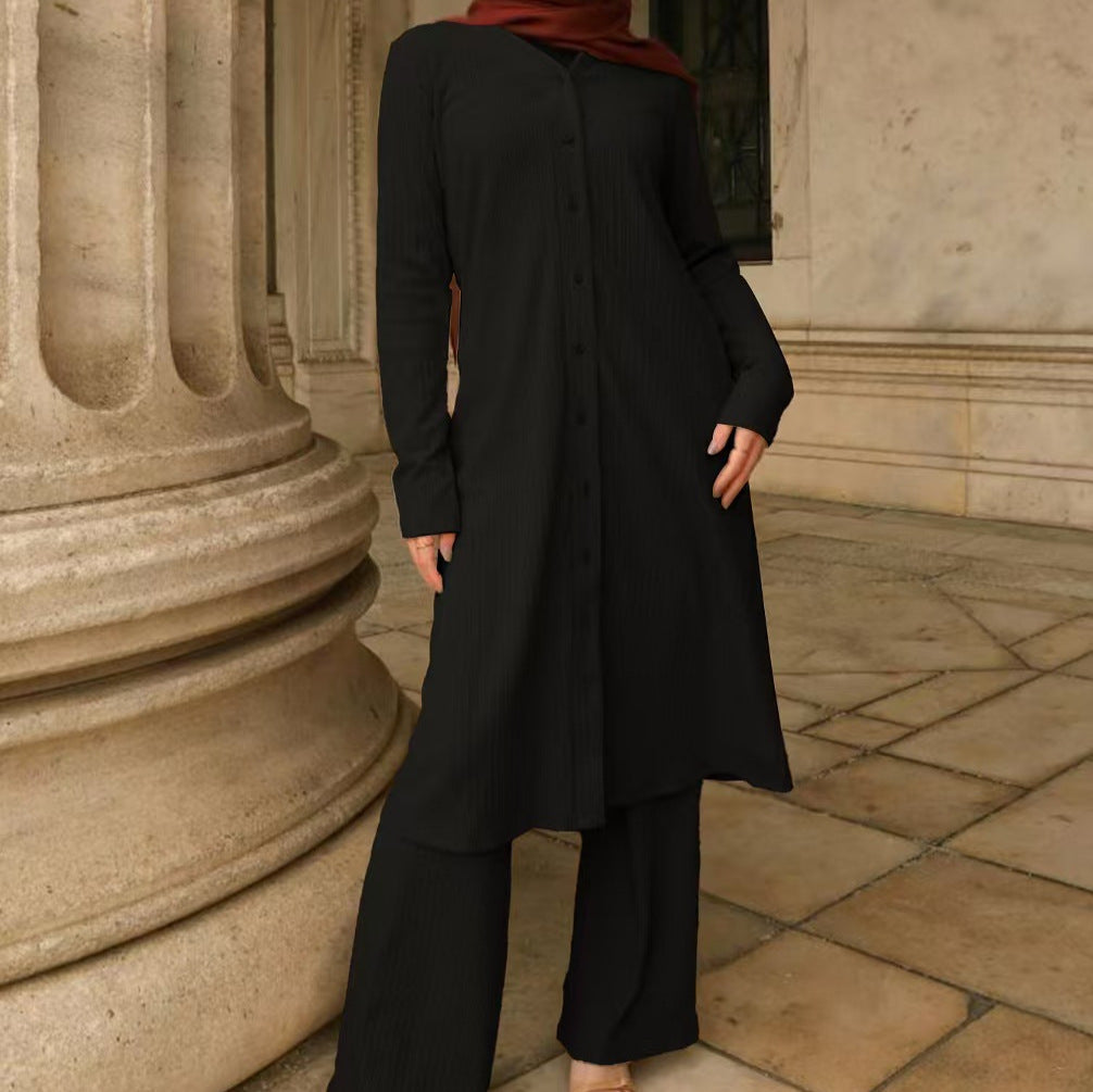 Ensemble tunique à boutons pour femmes avec silhouette droite, manches longues et large pantalon palazzo